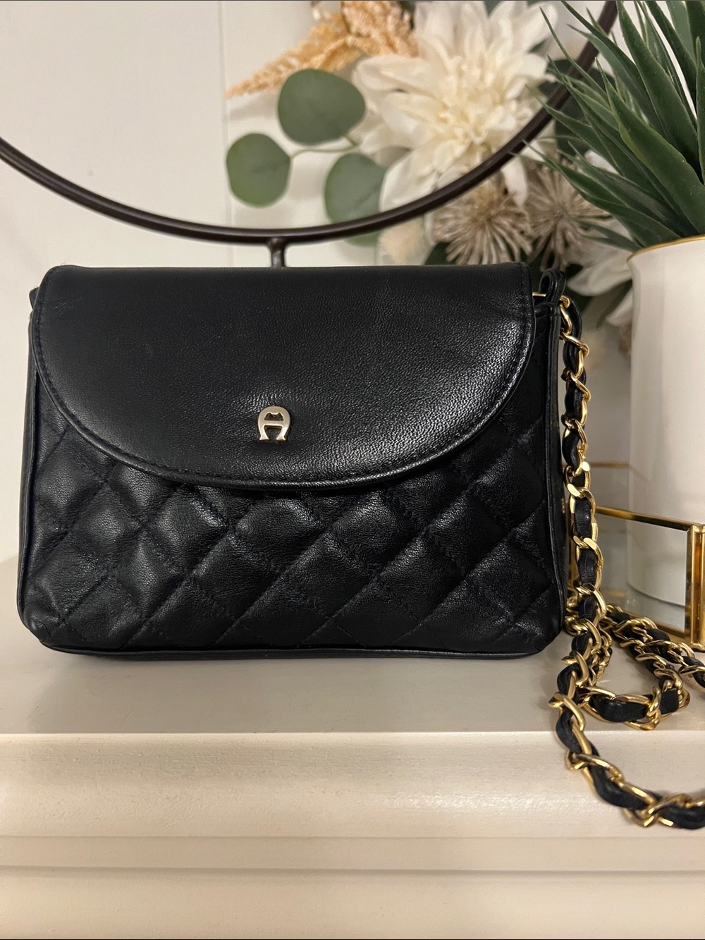 Etienne Aigner Vintage Navy Quilted Leather Crossbody with Gold Chain